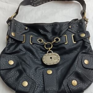 GUESS Black Studded Leather Hobo Bag with Gold Hardware